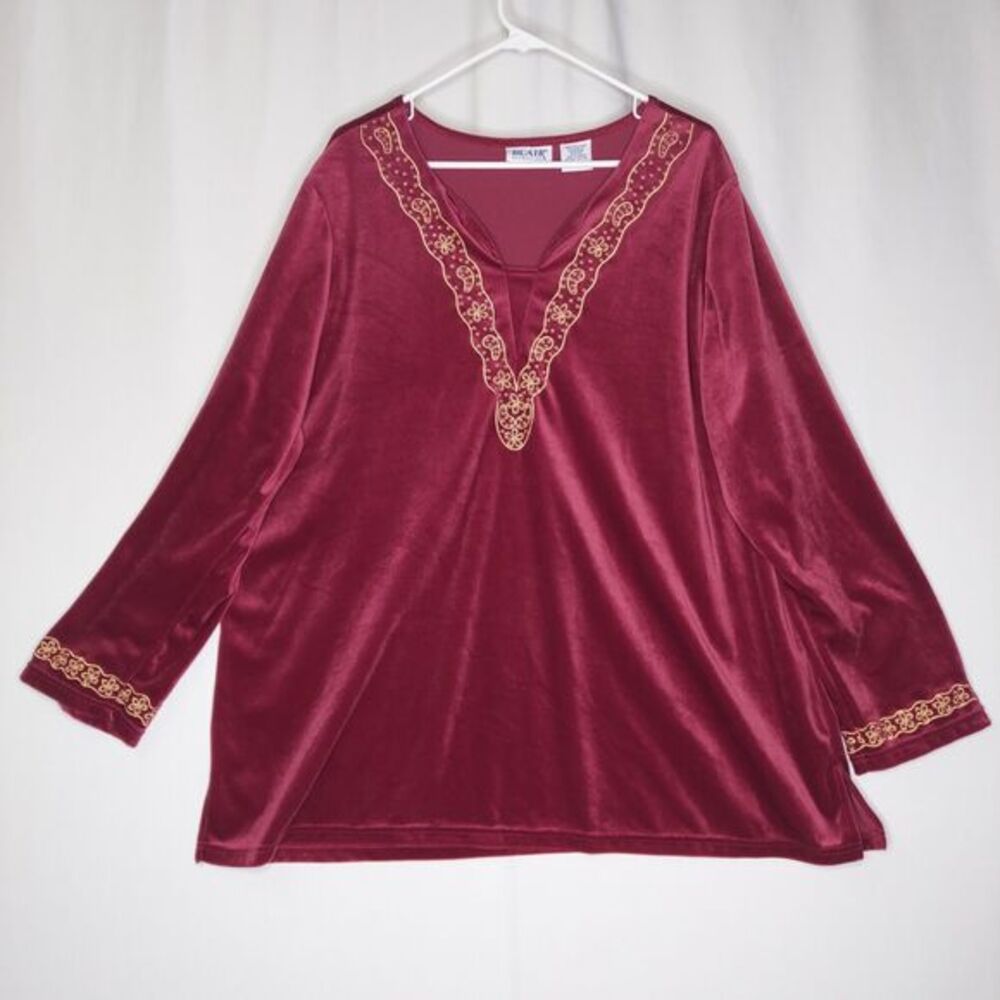 Blair Velour Top Womens 3XL Red Gold Embroidered V-Neck Long Sleeve 80s Vtg